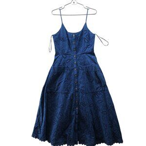 Saloni Fara Cotton Eyelet Midi Dress Womens 8 Blue Sleeveless Cami Button Front